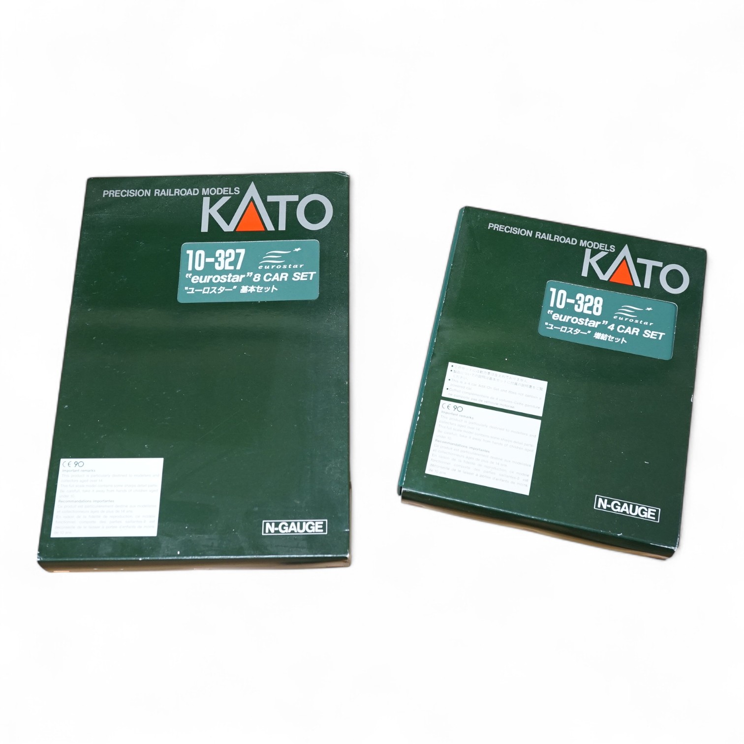 Two boxed Kato Precision Railroad Models N gauge Eurostar train sets - 10-327; 8-car set and 10-328; 4-car set. Condition - good.